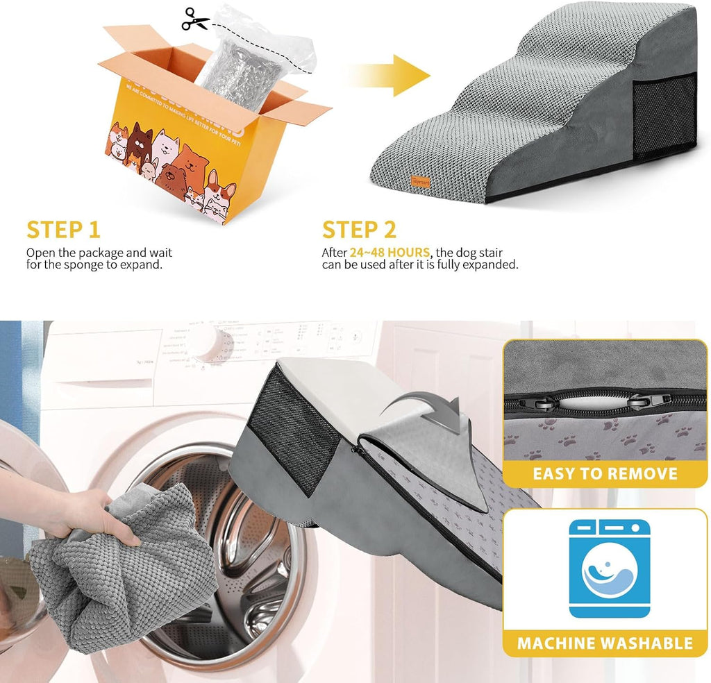 Dog Stairs for Small Dogs, Extended 3-Step Foam Pet Ramp for Bed Couch