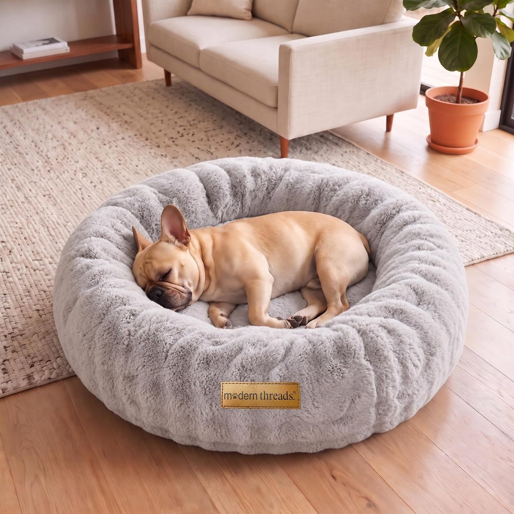 Modern Threads Calming Donut Dog Bed for Medium Dogs, Plush Round Faux Fur Pet Bed with Raised Bolster, Soft Washable Dog Bed, 30x30x9, Gray