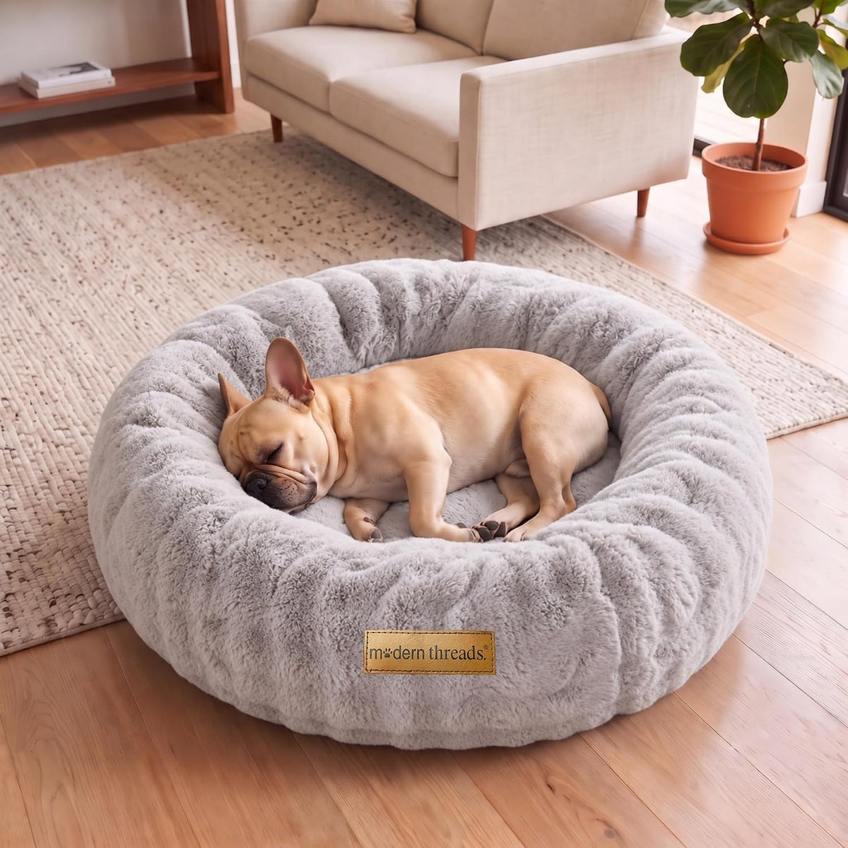 Modern Threads Calming Donut Dog Bed for Medium Dogs, Plush Round Faux Fur Pet Bed with Raised Bolster, Soft Washable Dog Bed, 30x30x9, Gray