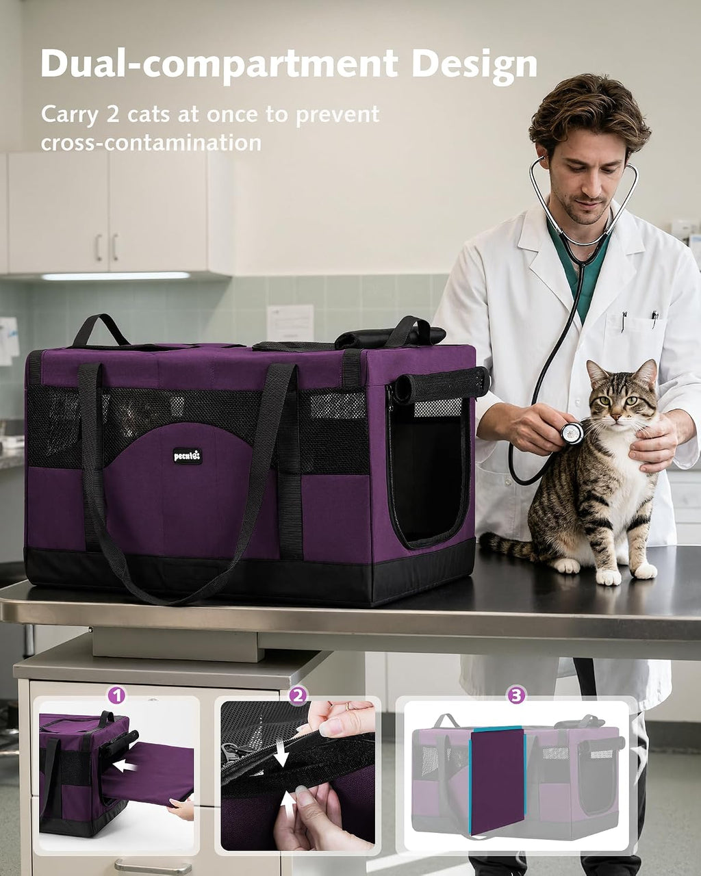 Pecute Cat Carrier, Soft Double Pet Crate for 2 Cats Travel, Purple