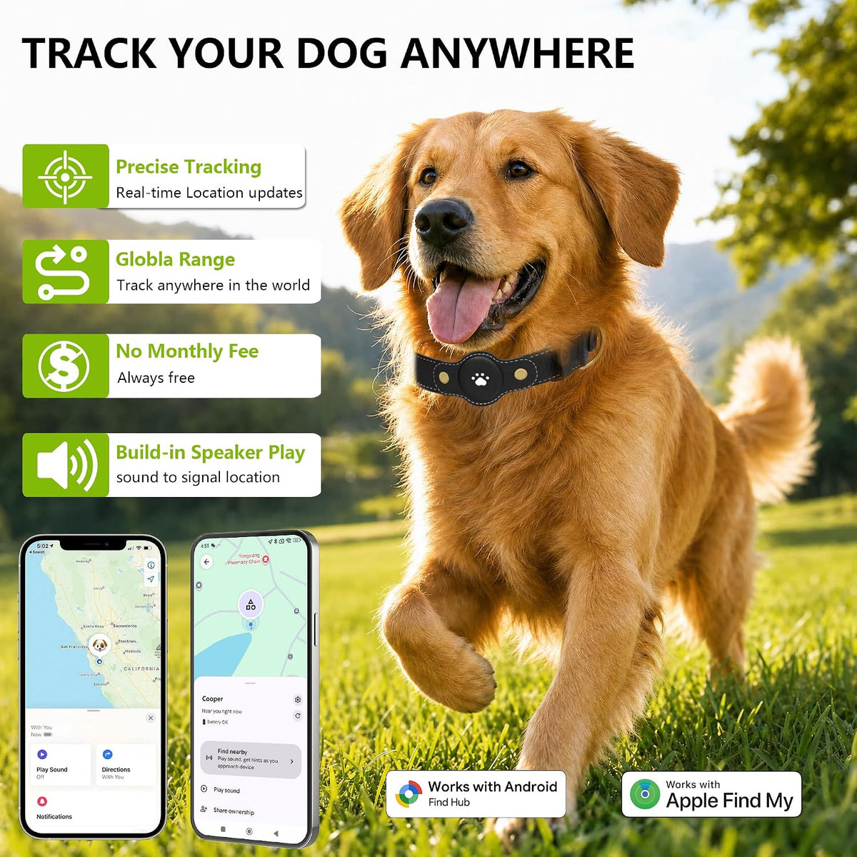 GPS Tracker for Dogs – Smart Dog Collar & Pet Tracker with Real-Time Location, No Monthly Fee, Unlimited Range (iOS & Android) – Fits Small to Large Dogs(Locator Included)