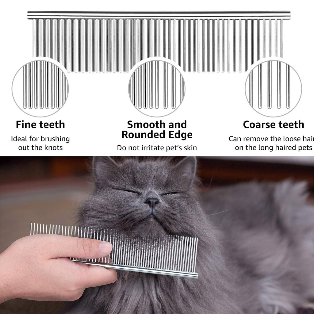 Flea Comb For Dogs & Cats Pet Comb Grooming Set 5 Pieces Metal Teeth Durable Remove Tear Stain Float Hair Combing tangled hair Dandruff Add Storage Pouch (Blue)