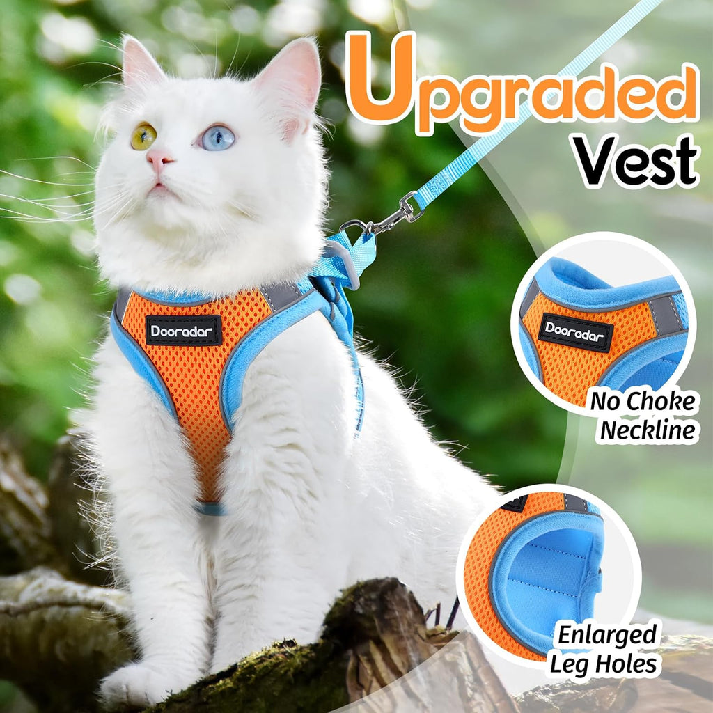 Dooradar Cat Harness and Leash Set, Easy-on Vest, Orange & Blue