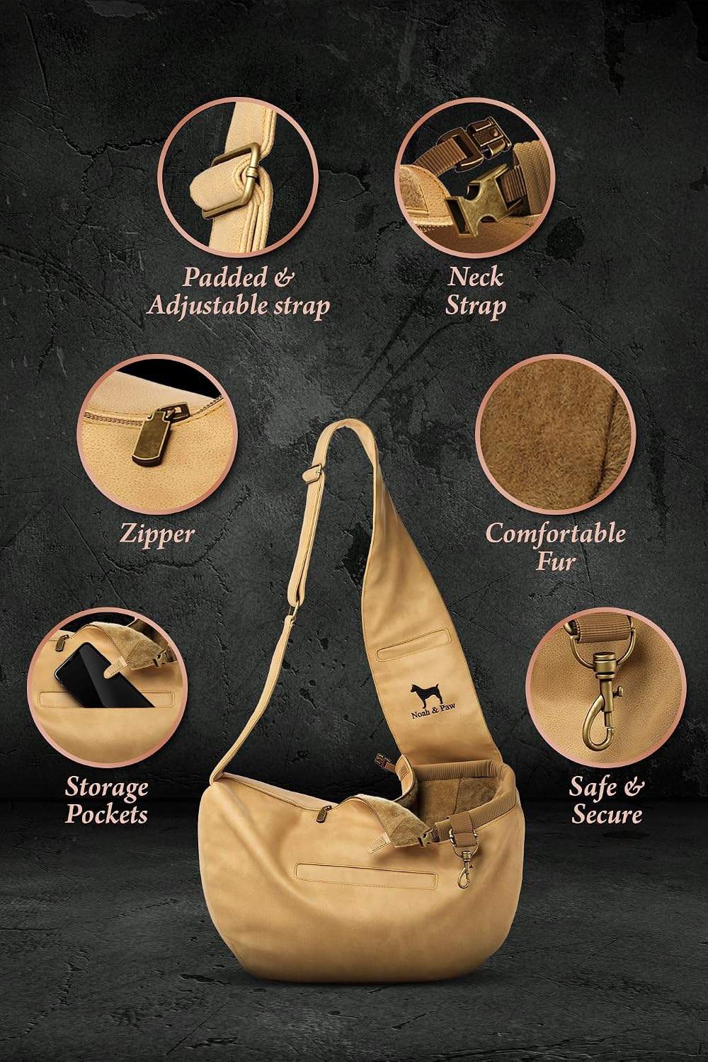 Noah & Paw Dog Sling Carrier for Small Dogs 5-18lb, Cat Carrier, Pet Sling with Adjustable Padded Strap, Vegan Leather Lined with Fur, 3X Safety Feature, Machine Washable