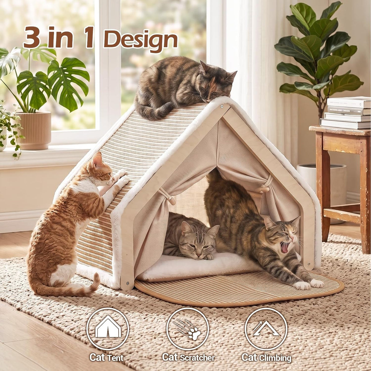 Cat House Indoor, 3-in-1 Wicker Cat Condo Scratcher Cave