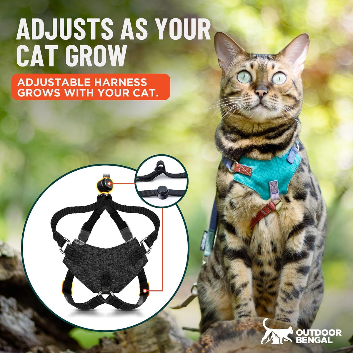 OutdoorBengal Houdini™ Escape Proof Cat Harness and Leash (Black, M/L)