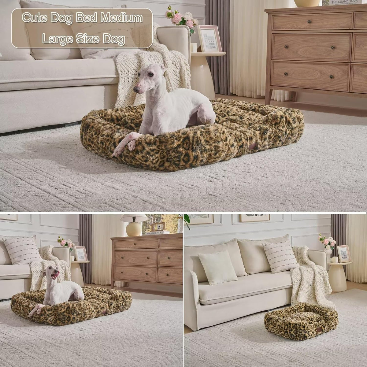 Washable Orthopedic Dog Bed,Rectangle Fleece & Luxury Pet Bed with Removable Zipper Cover & Anti-Slip Bottom,Suitable for Medium Large Dogs,30x25x7.5inches,Leopard Brown