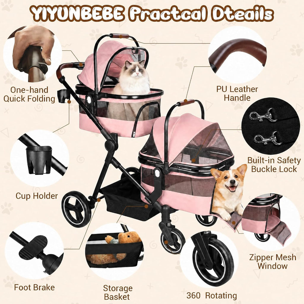 Foldable Double Pet Stroller for 2 Small Medium Cats Dogs
