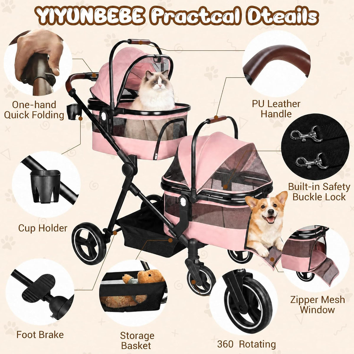 Foldable Double Pet Stroller for 2 Small Medium Cats Dogs