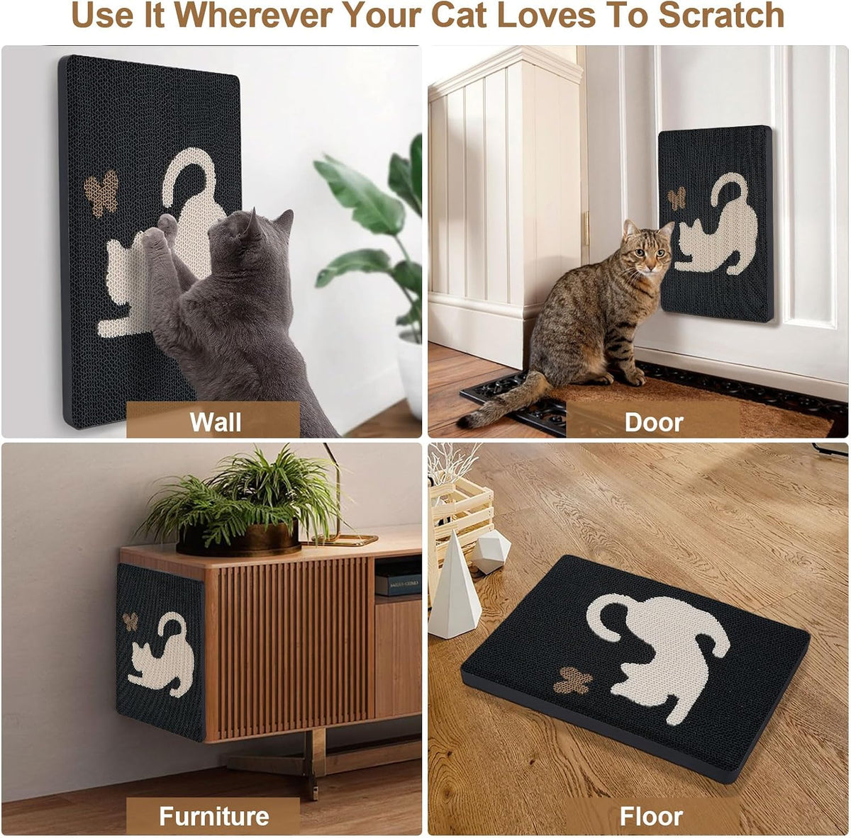 Ownpets Wall Cat Scratcher, Cute Vertical Cat Scratching Board, Wall Mounted Cat Scratch Pad for Wall, Glass, Wood, and Tile, Furniture Protector, Black