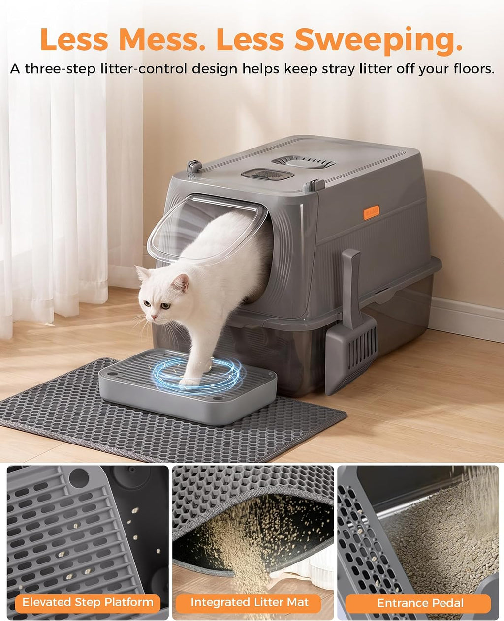 GTPLAYER XL Stainless Steel Cat Litter Box with Lid, High Sided Enclosed Cat Litter Box, Activated Carbon Odor Control, Extra Large Metal Litter Box, Anti-Leak, with Mat & Step, Gray