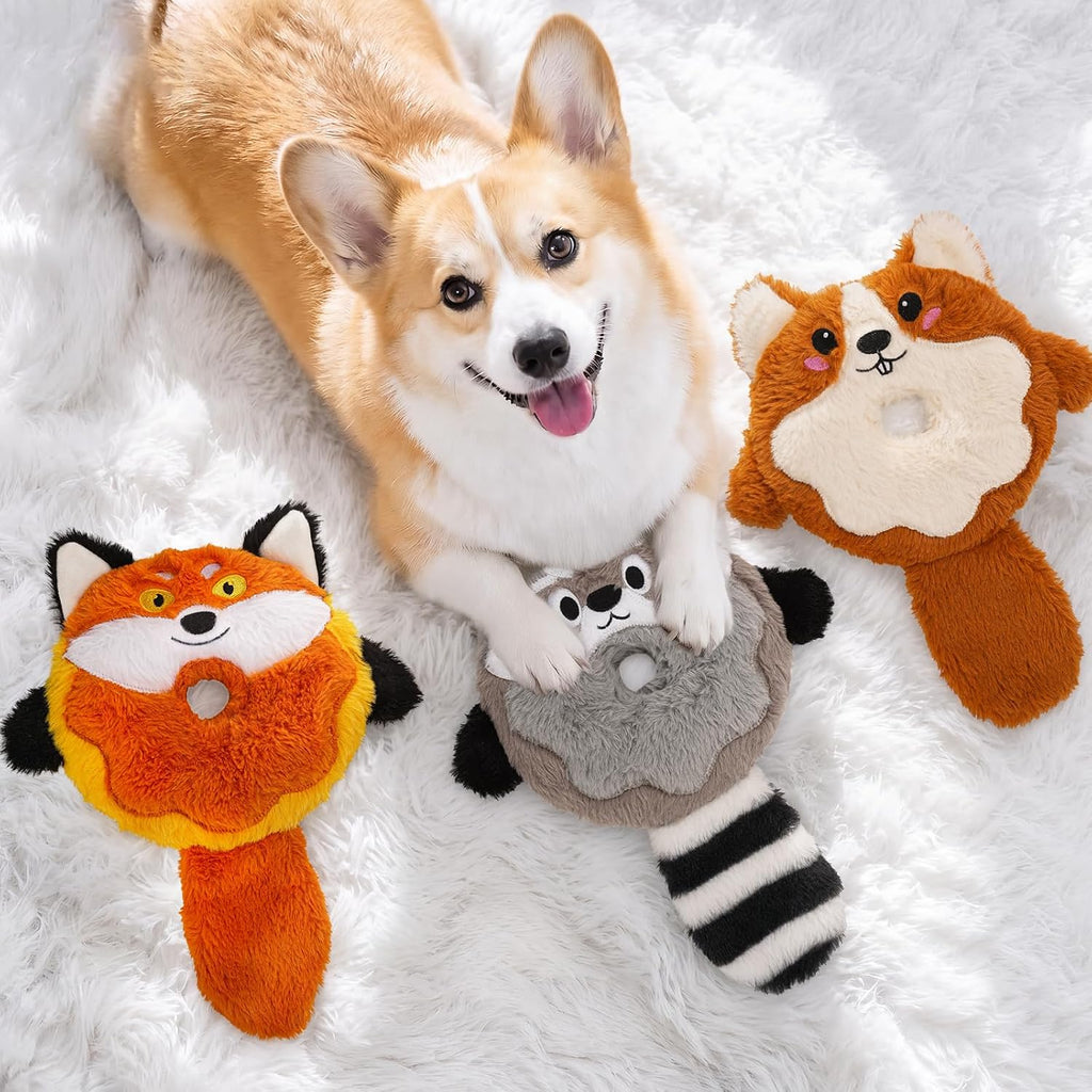 3-Pack Plush Squeaky Dog Toys with Crinkle Tails | Easy-Grip Open Center and Lightweight Design for Carrying, Shaking and Fetch, for Small Dogs & Puppies