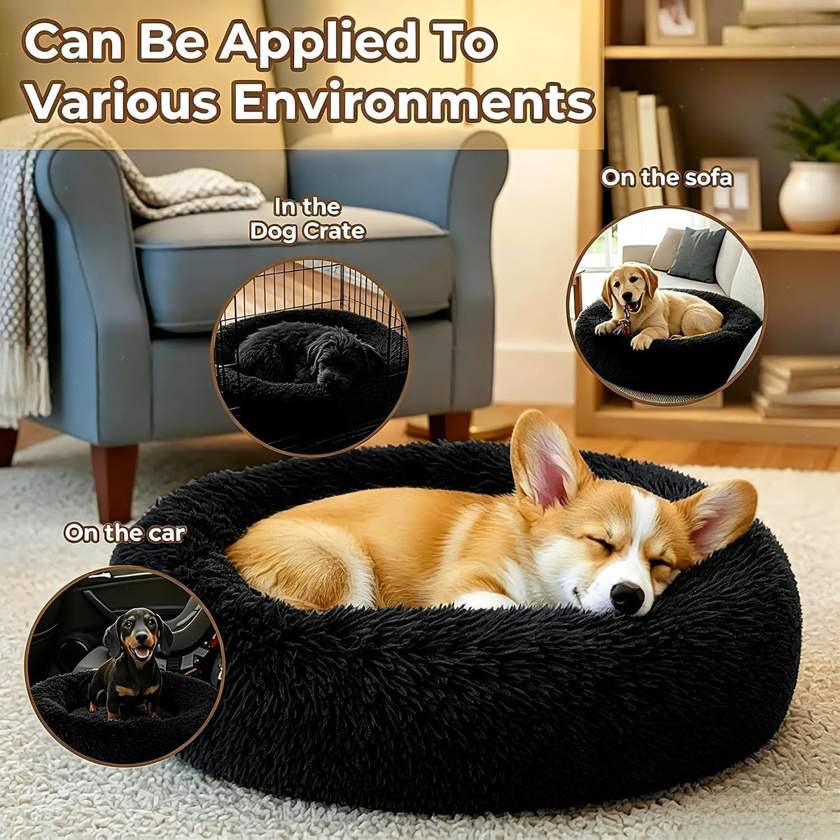 Calming Donut Dog Bed for Small Dogs, Anti-Anxiety Round Washable Plush Fluffy Faux Fur Large Cat Bed, 24 inches Fits up to 25 lbs Pets, Anti-Slip Waterproof Mute Base Black