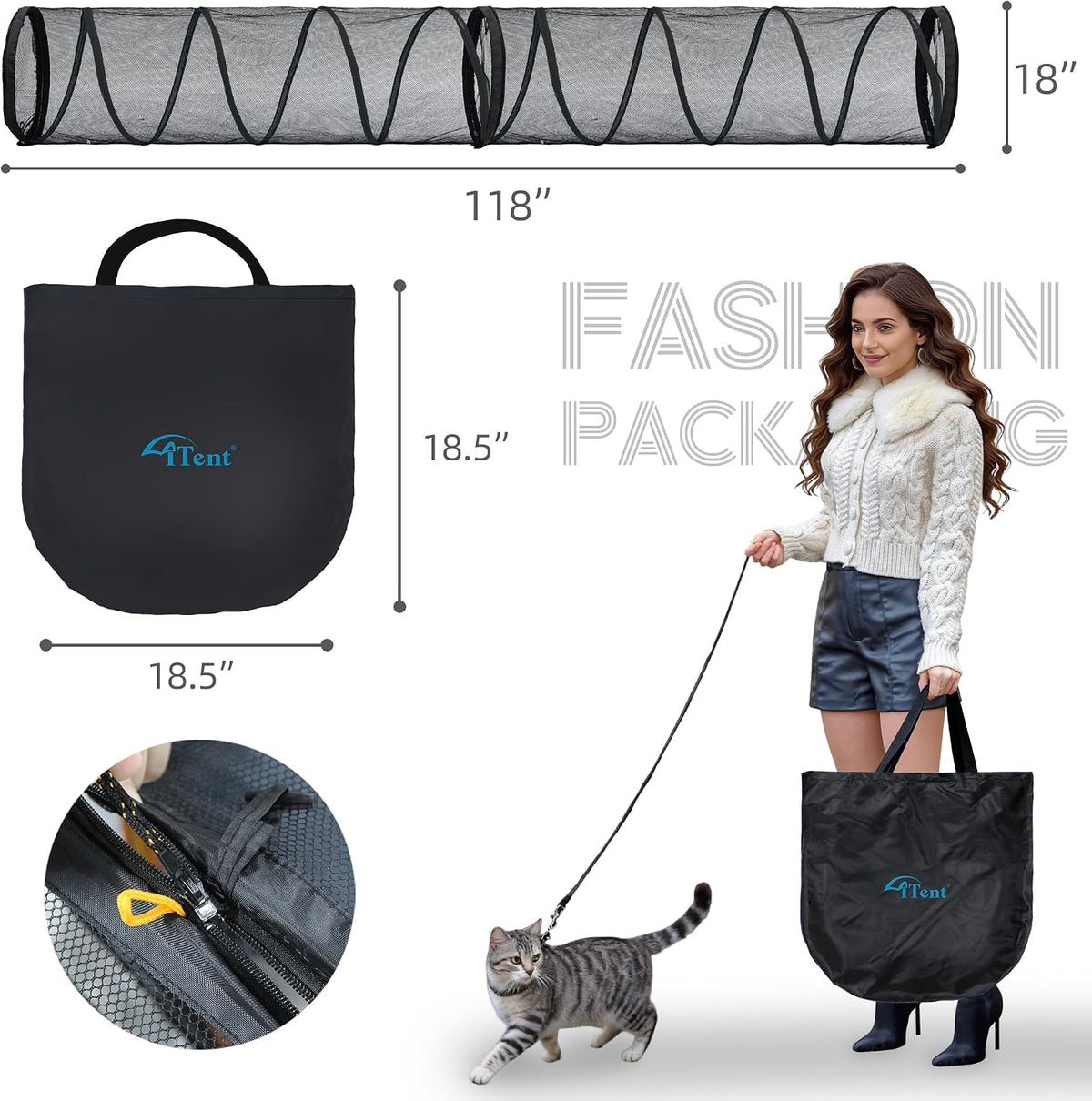 Cat Play Tunnel-for Indoor and Outdoor, Cat Play House, Cat Enclosures Easy to Connect with Two Zipper Doors,Product Size 59'' x 18'',2pcs /Set,Black,2 Packs
