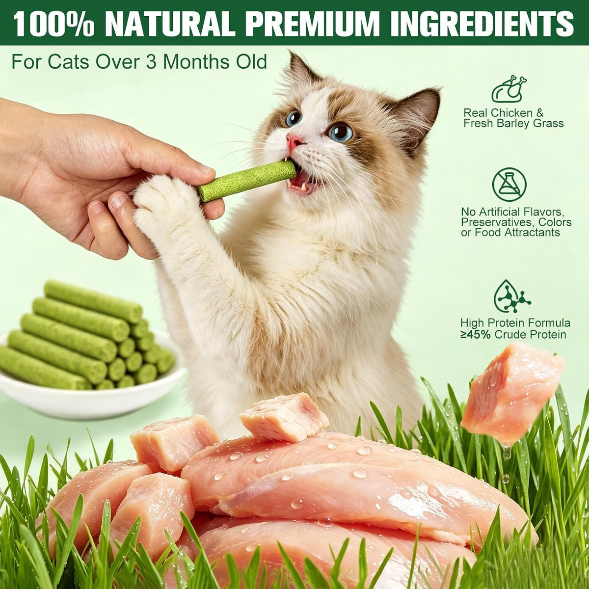 Cat Grass Teething Sticks for Cats, 200g/7.05oz Natural Edible Cat Chew Sticks with Real Chicken & Cat Grass, Teeth Cleaning, Hairball Control & Teething Relief Treats for Cats Over 3 Months Old