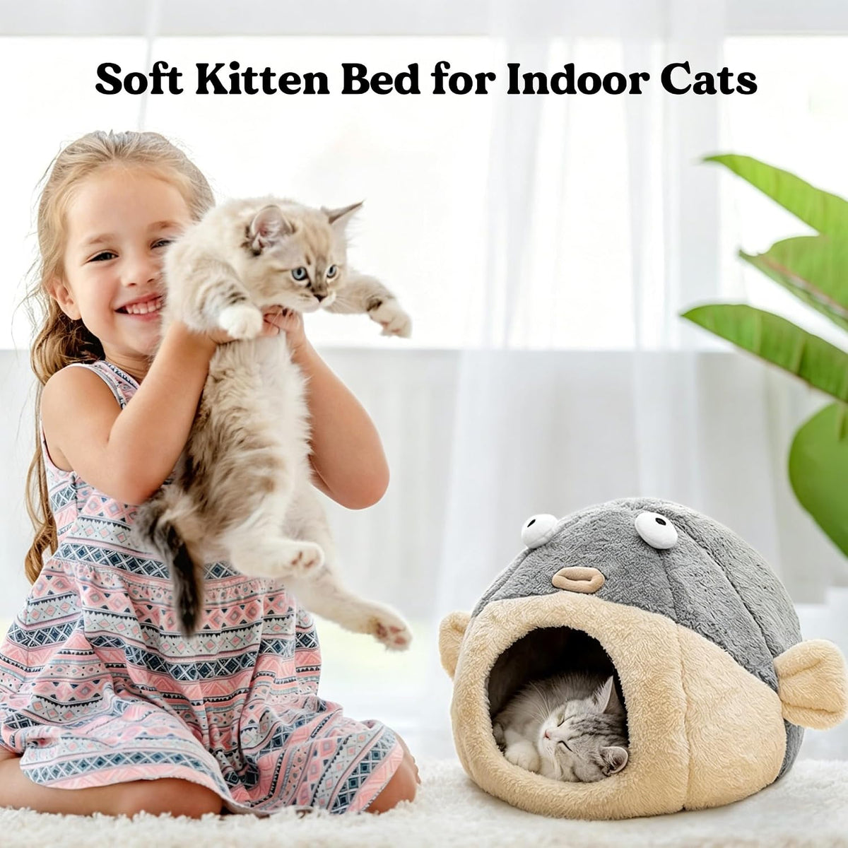 Cat Beds for Indoor Cats-Cat Bed Cave,Cute Lively Pufferfish shape,Grey M