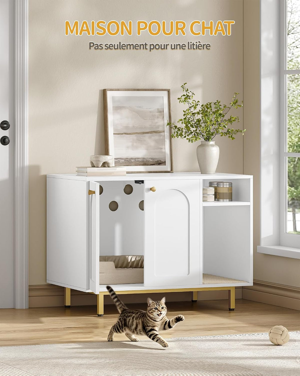 Hzuaneri Cat Litter Box Enclosure, Hidden Litter Box Furniture with Storage | Large Wooden Cabinet with Sisal Mat, Modern Cat Washroom for Living Room, Bedroom, Entryway, White and Gold 01503GCLB