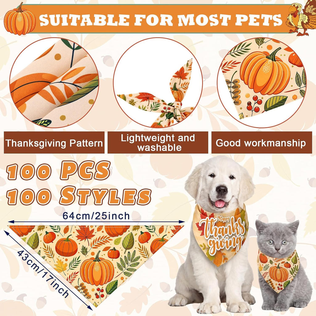 Huhumy 100 Pcs Thanksgiving Dog Bandanas Bulk Turkey Pumpkin Dog Bandanas