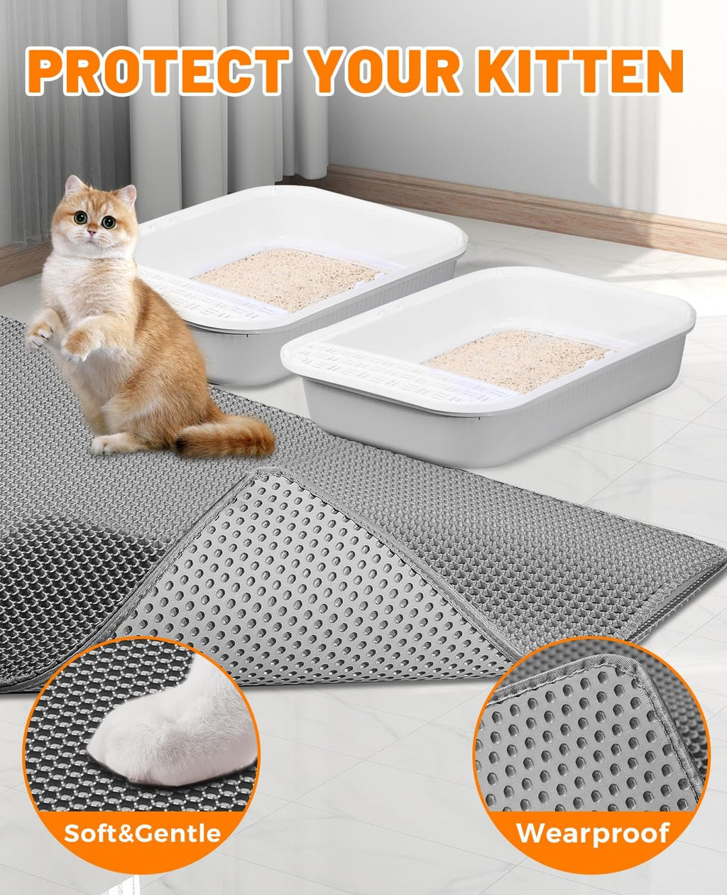 Cat Litter Mat - Extra Large Cat Litter Mat Litter Trapping Mat 46"x26"-Honeycomb Double Layer Design,Urine and Water Proof Material,No Slip& No Phthalate,Washable Easy Clean（Grey）