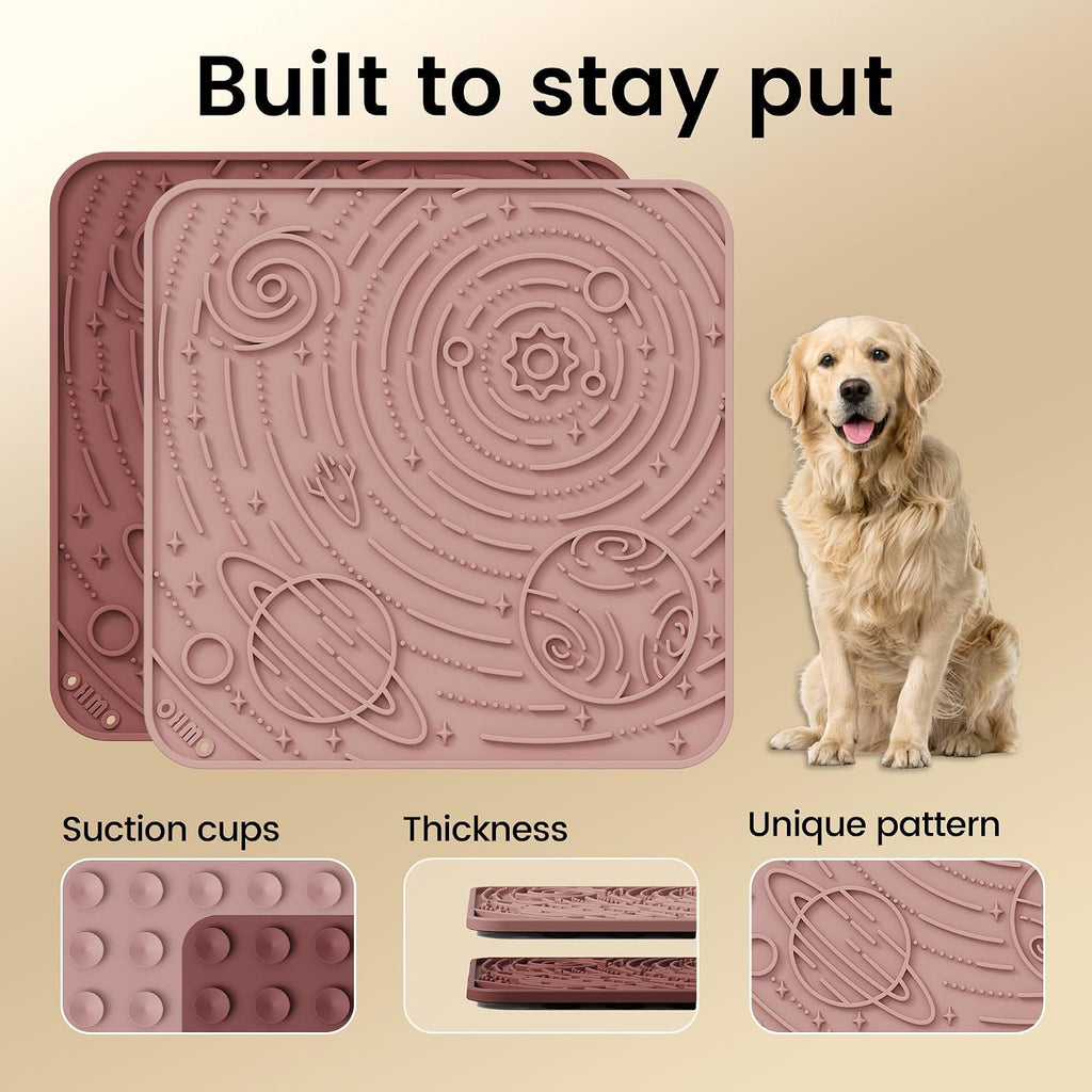 OHMO Large Lick Mat for Dogs&Cats, Space Pattern, 2pcs, Brick Red&Coral | Pet Enrichment Toys, Slow Feeder, Textured Silicone Surface, Strong Suction Cups, Anxiety&Boredom Relief, Easy-Clean