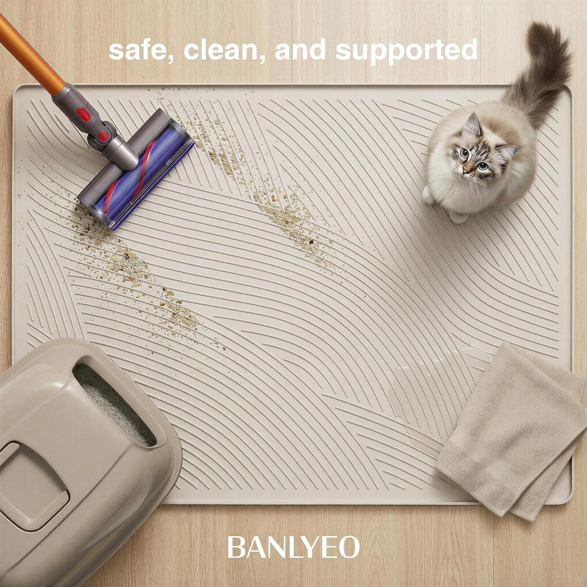 Cat Litter Box Mat - L Large Size 34 x 22 in, Water Proof, Kitty Litter Trapping Mat, Easy to Clean, Scatter Control, Odorless, Pet Supplies for Indoor Cats, Warm Beige
