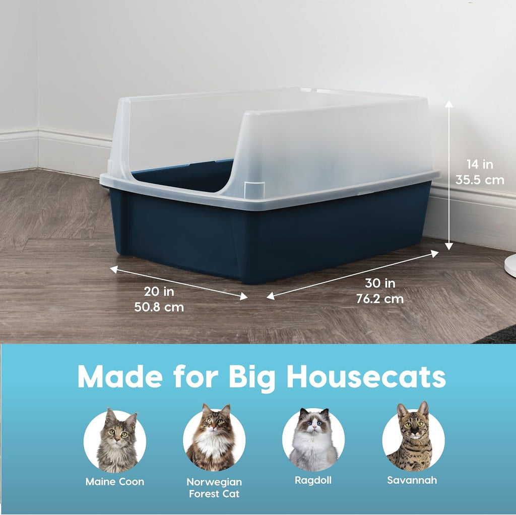 IRIS USA XX-Large High Sided Cat Litter Box, Scatter Shield, Navy