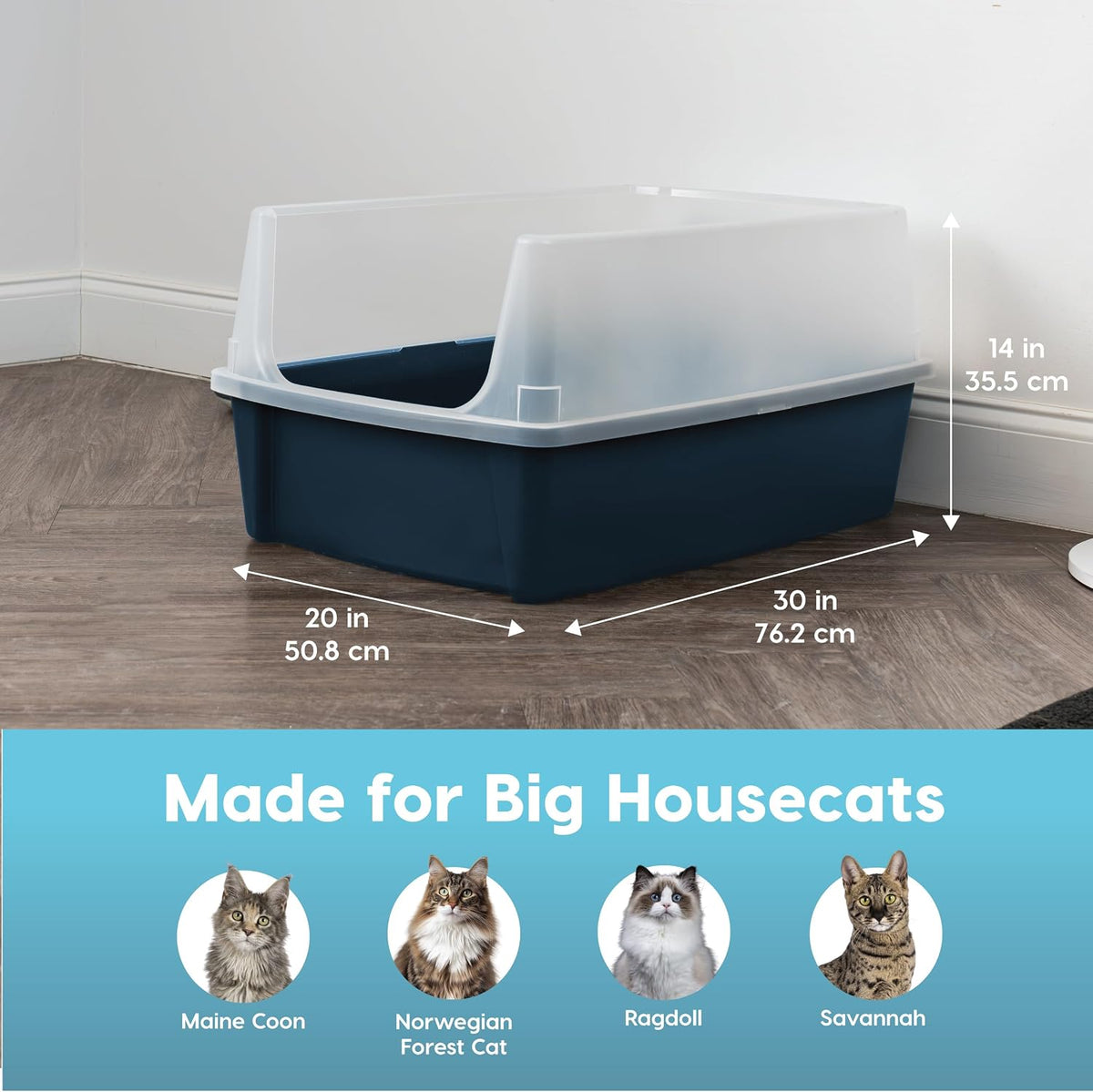 IRIS USA XX-Large High Sided Cat Litter Box, Scatter Shield, Navy