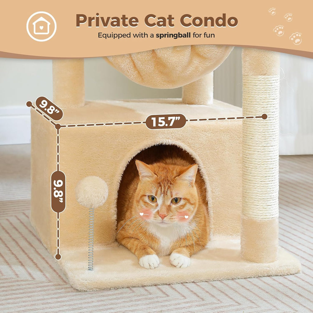 PEQULTI 4-in-1 Cat Tree for Kittens & Small Cats, 33in Beige Tower