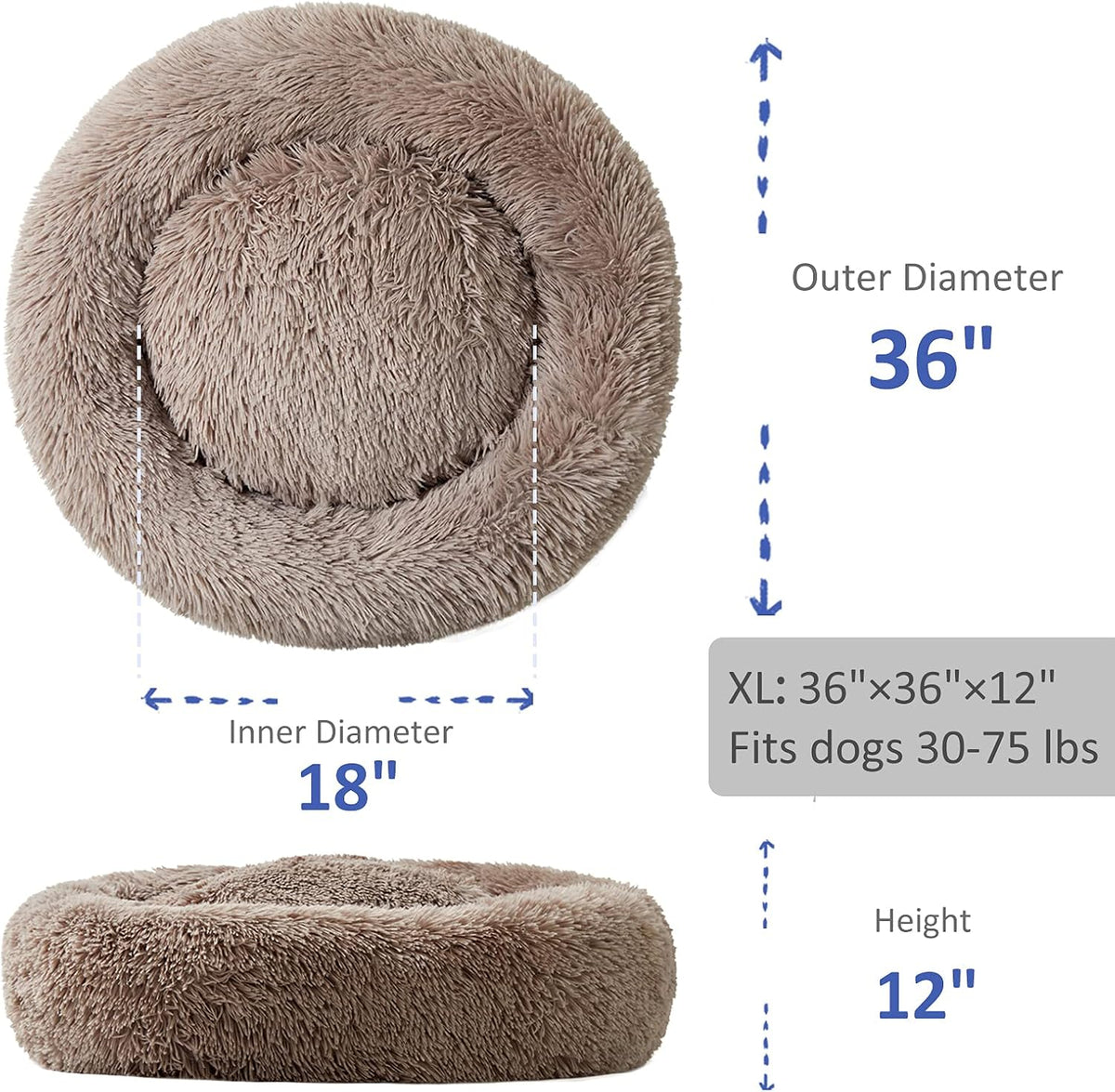 Washable Dog Round Bed - XLarge Donut Dog Bed, Comfy Calming Cuddler