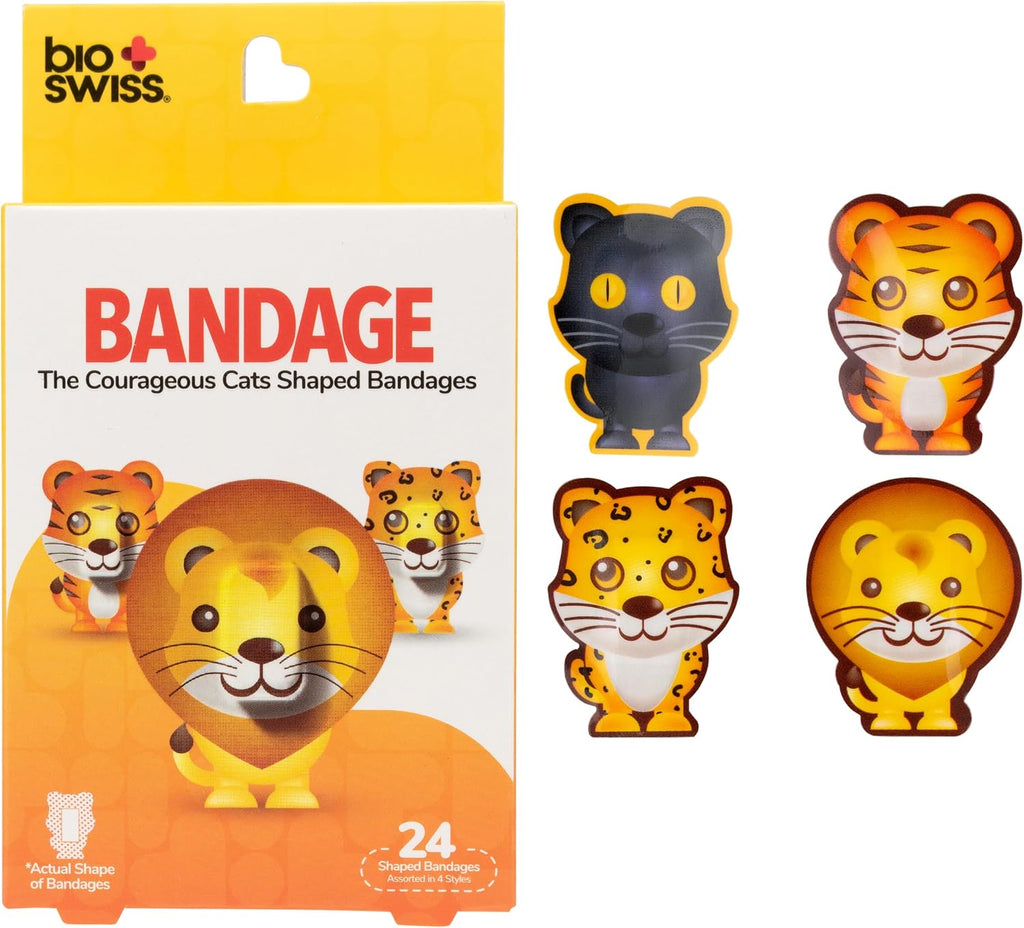 BioSwiss Bandages, Courageous Cats Shaped Self Adhesive Bandage Set, Latex Free, Sterile Wound Care, 24 Count