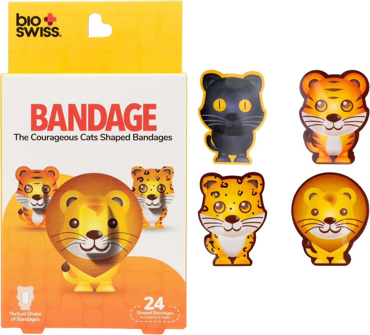 BioSwiss Bandages, Courageous Cats Shaped Self Adhesive Bandage Set, Latex Free, Sterile Wound Care, 24 Count