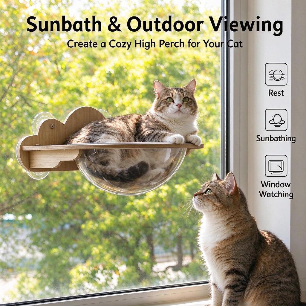 Cat Window Perch, Cloud Wooden Space Capsule Hammock, 2 Installation Ways Suction Cup & Wall Mount Cat Wall Shelf, Large Rest Bed for Indoor Pets Sunbathing & Viewing