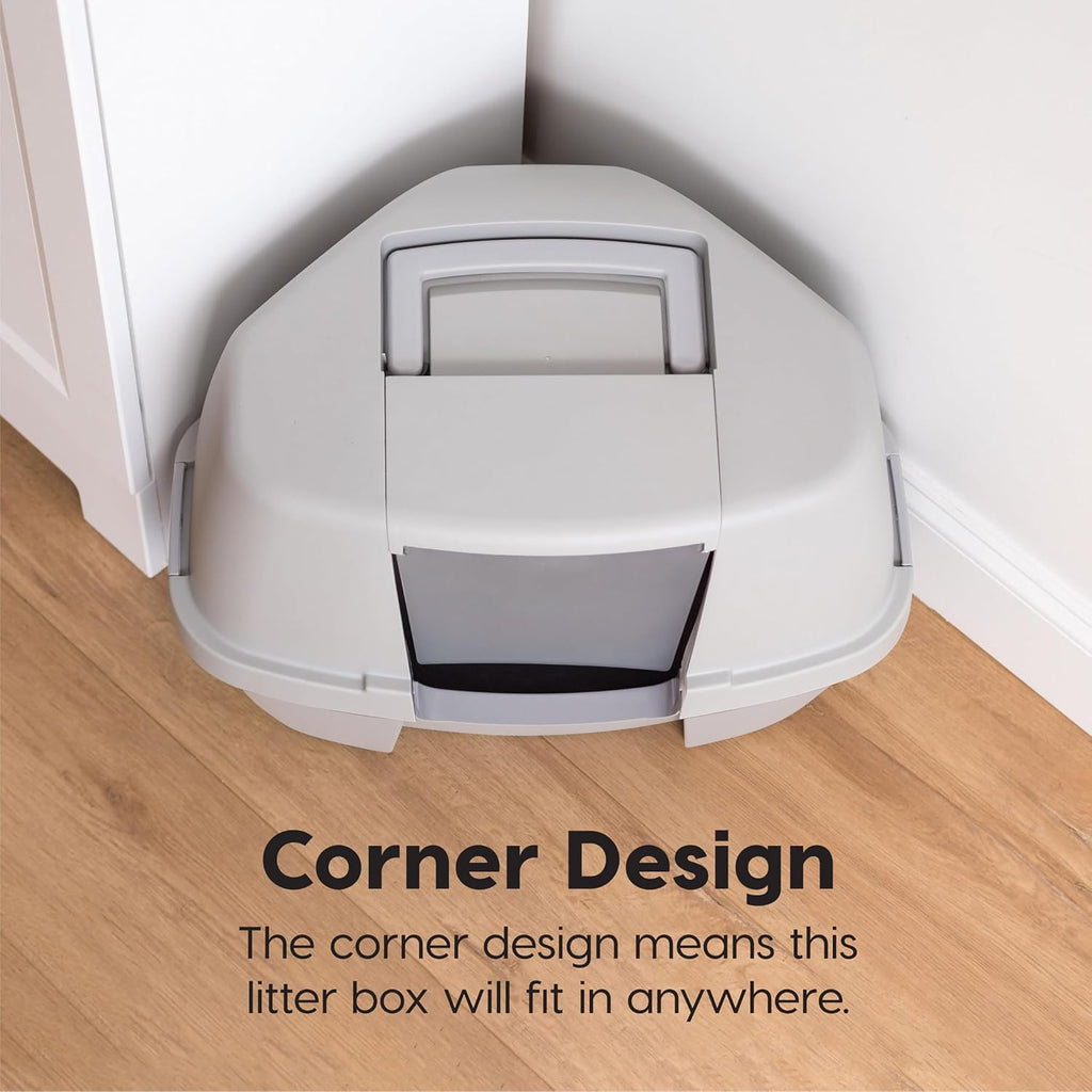 IRIS USA Large Corner Cat Litter Box, Space Saver, Gray | Discreet Locations, Compact Triangle Shape, 90-Degree Design, Triangular Footprint, Odor Defensive, Hidden Placement