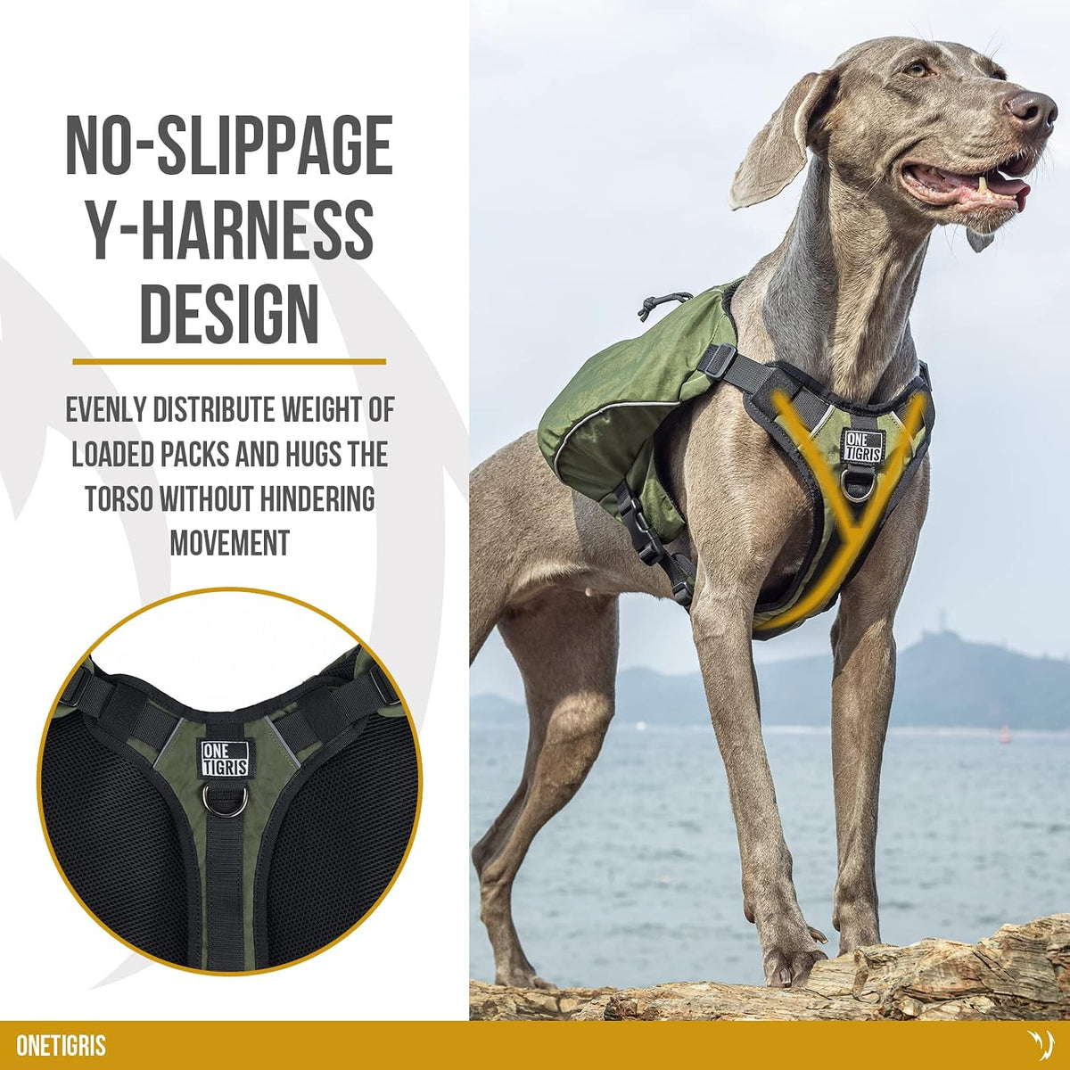 ONETIGRIS Y-Shaped Dog Backpack with Handle, Pockets & No Pull D-Rings, Lightweight Hiking Gear for Dogs Hunting Camping Travel (Large, Green)