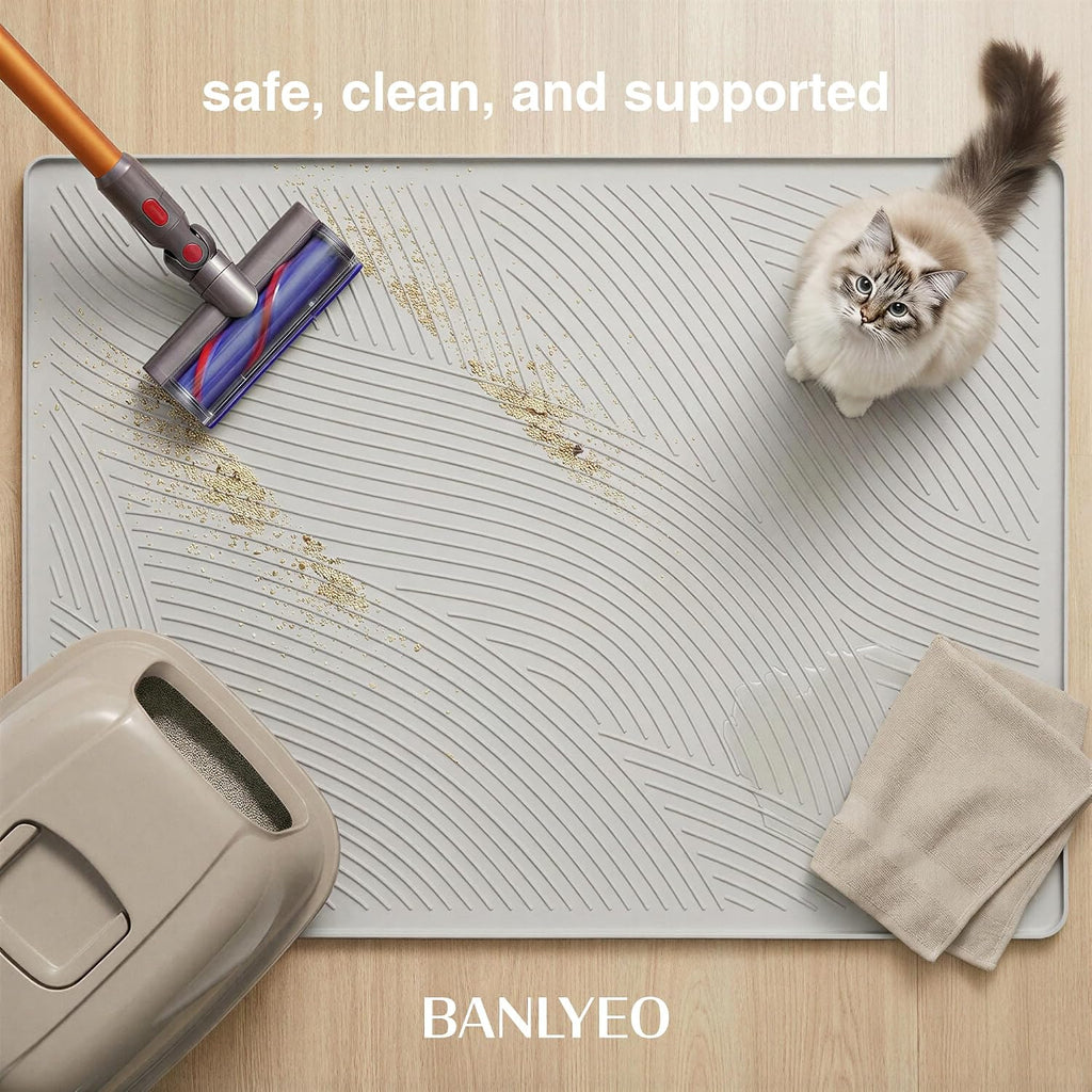 Cat Litter Box Mat - SM Small Medium Size 24 x 17 in, Water Proof, Kitty Litter Trapping Mat, Easy to Clean, Scatter Control, Odorless, Pet Supplies for Indoor Cats, Beige Gray