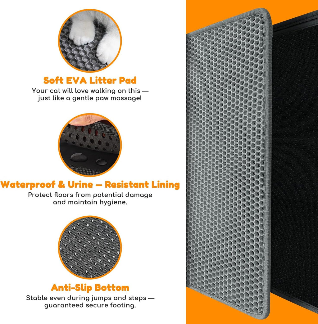 Cat Litter Mat 24"x16",Double Layer EVA Litterbox Mat Dark Gray | Extra Large Honeycomb, Waterproof & non-slip, Odor-free, easy clean, washable durable floor protector,scatter control