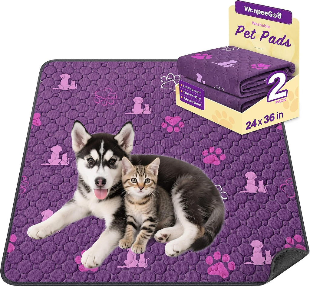 WanpeeGoo Washable Pee Pads for Dogs, Waterproof, 24 x 36 in, 2 Pack, Purp | Super Absorbent, Waterproof and Non-Slip; Washable, Reusable Dog Pads for Crates, Playpens, Floors, Furniture and Travel