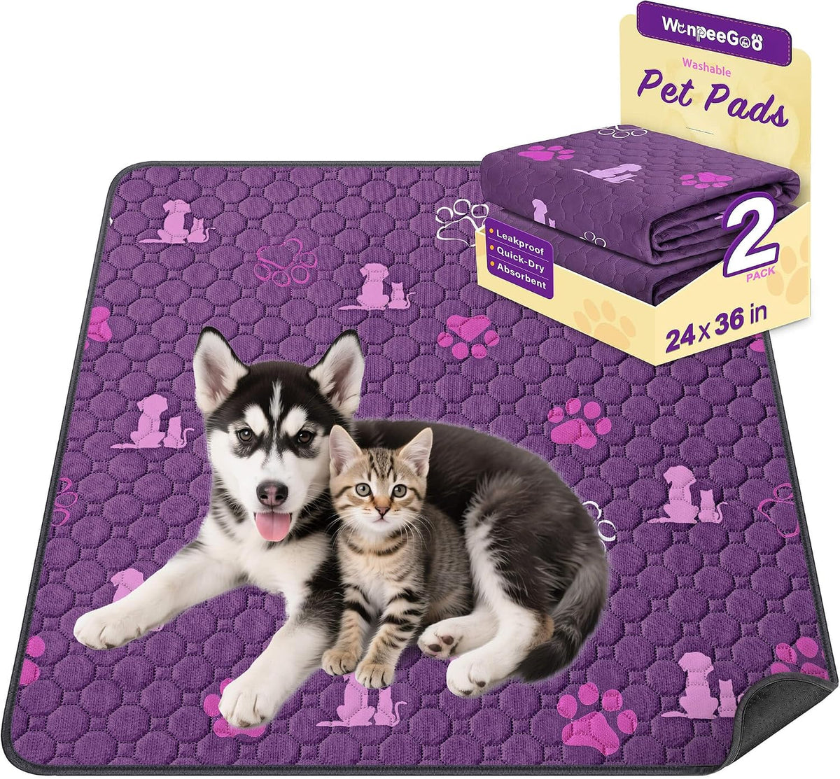 WanpeeGoo Washable Pee Pads for Dogs, Waterproof, 24 x 36 in, 2 Pack, Purp | Super Absorbent, Waterproof and Non-Slip; Washable, Reusable Dog Pads for Crates, Playpens, Floors, Furniture and Travel