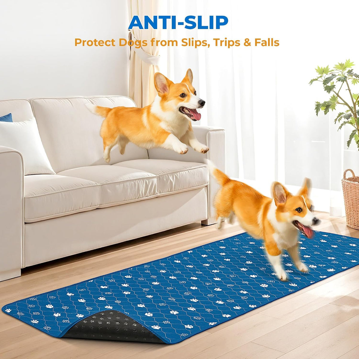 Fostanfly Non Slip Washable Dog Pee Pads, 24"x72" (2x6ft)-1 Pack, Blue | Reusable Puppy Pee Pads with Great Urine Absorption, Dog Mats for Whelping, Potty, Runner Rug for Hallway, Entryway, Bedroom