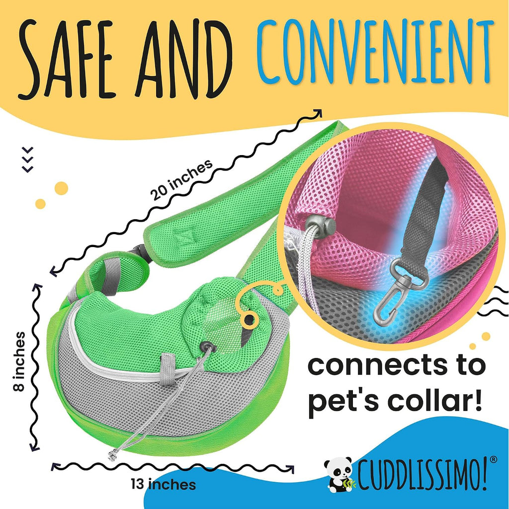 Cuddlissimo Small Dog Sling Carrier, Pet Cat Sling, Puppy Pouch - Green-S