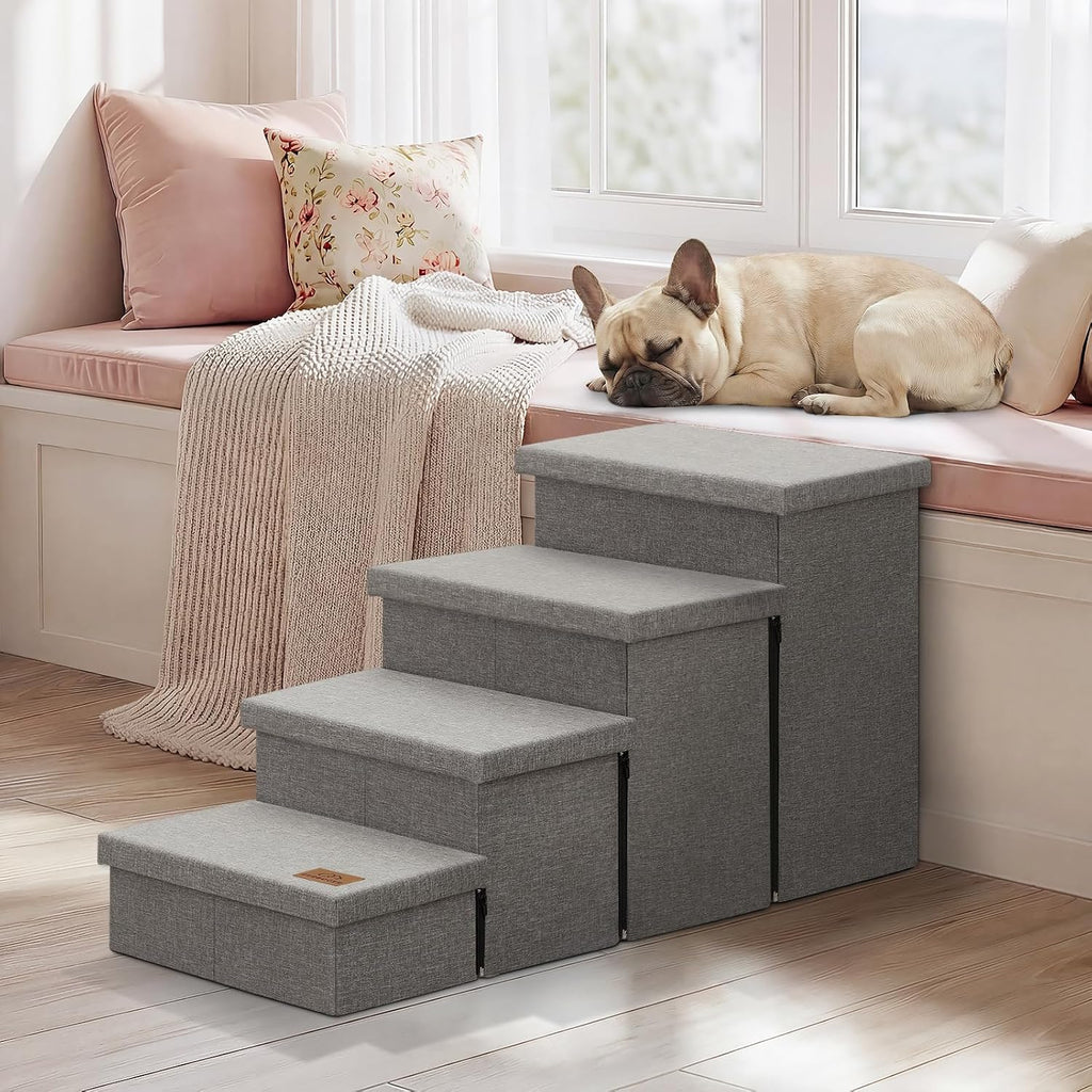 Zerbuger Dog Stairs with Storage, Grey 4 Steps Dog Ramp no Condo for Bed