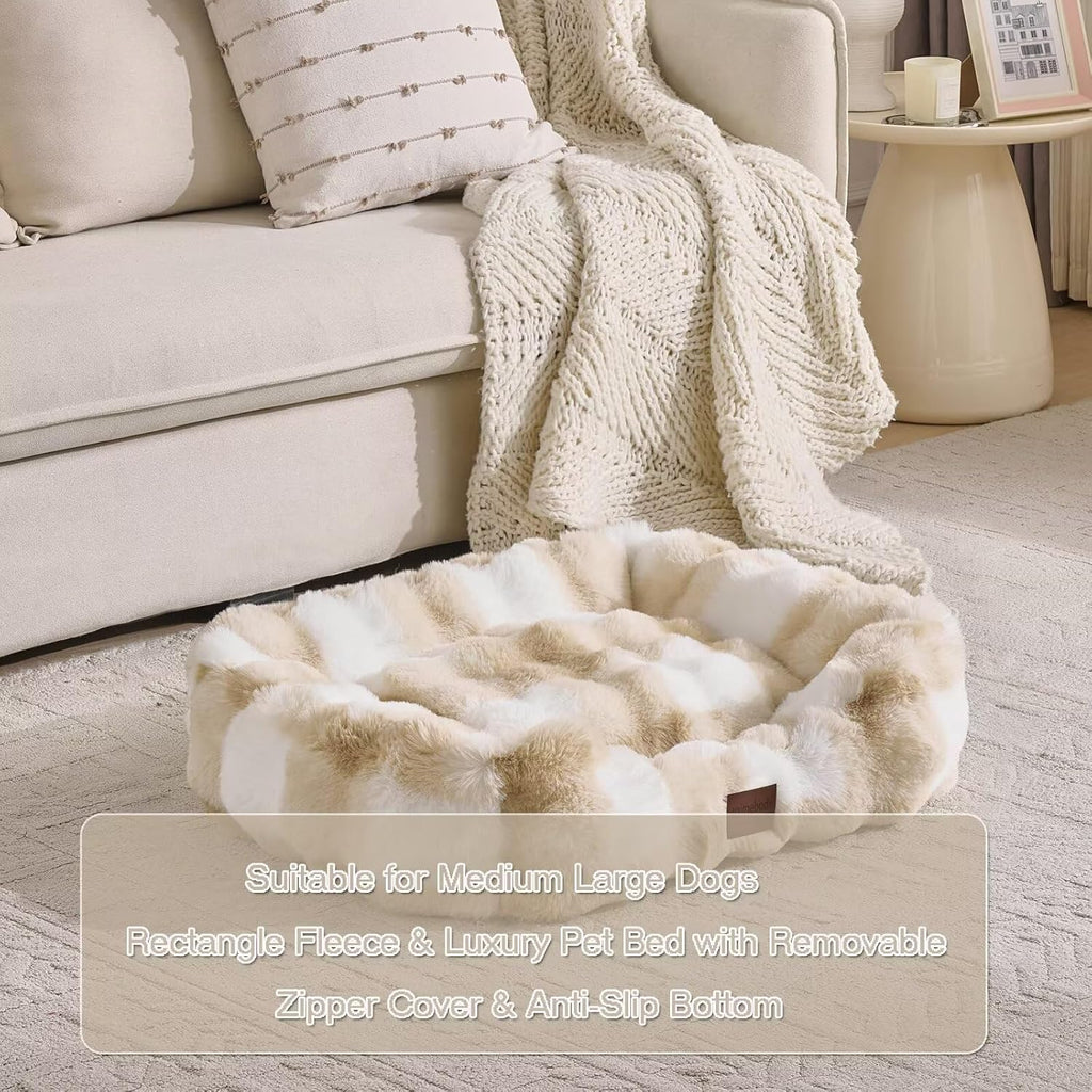 Washable Orthopedic Dog Bed,Rectangle Fleece & Luxury Pet Bed with Removable Zipper Cover & Anti-Slip Bottom,Suitable for Medium Large Dogs,30x25x7.5inches,Cream and Came