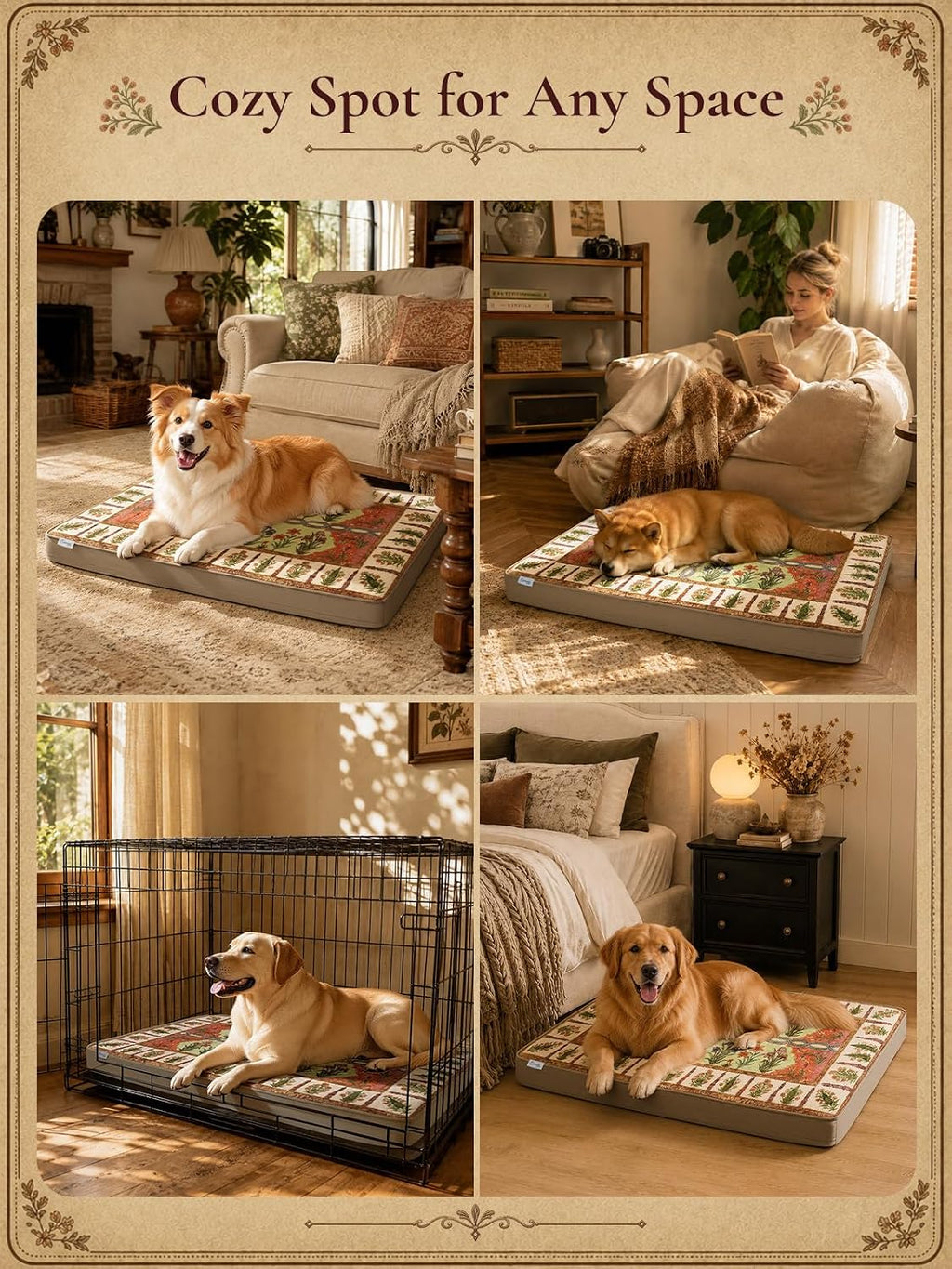 Exsnugy Orthopedic Washable Dog Bed Boho Crate Pet Pad for Large Dog 47in
