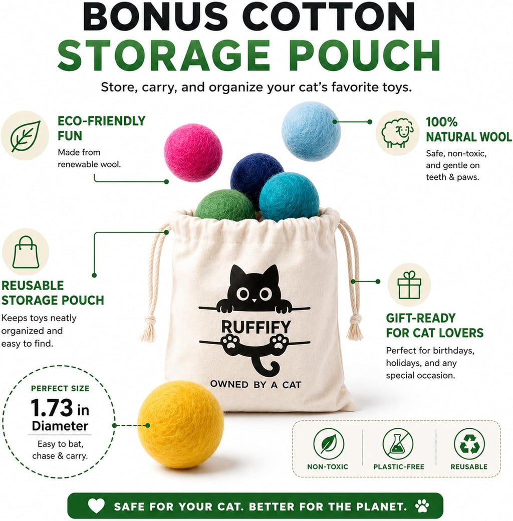 Cat Felt Balls 6 Pack, Wool Toy Balls for Indoor Cats, No Catnip