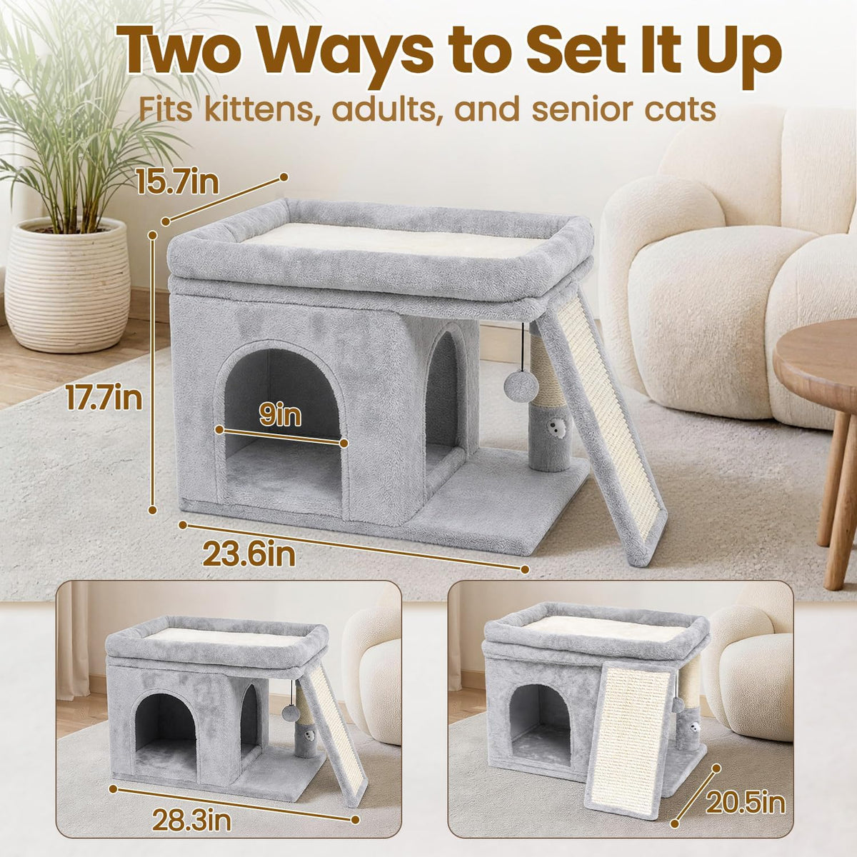 Cat Tree Tower with Scratching Post for Large Kitty, Light Grey