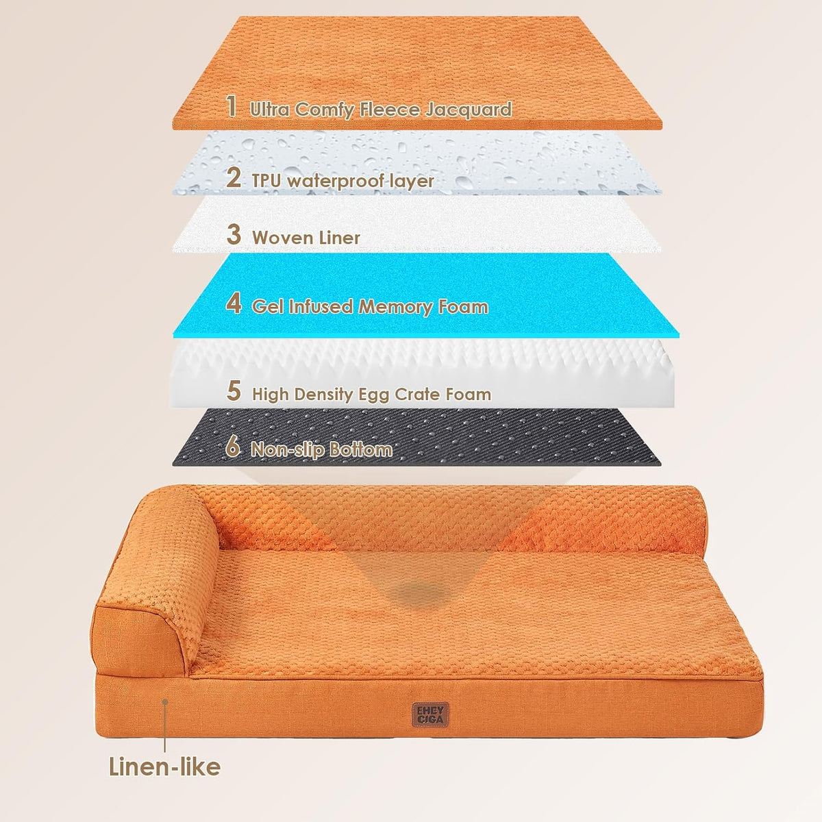 EHEYCIGA Memory Foam Dog Bed for Crate, L Plus Dog Bed, Pumpkin