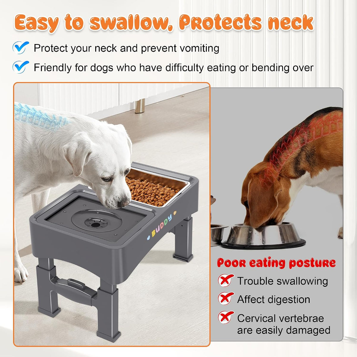 Decflow 2-in-1 Elevated Dog Bowls with 4 Height Adjustable Raised Stand | 304 Stainless Steel Dog Food Bowl, No Spill Water Bowl, DIY Stickers, Anti-Slip Pet Feeder Set for Small, Medium & Large Dogs