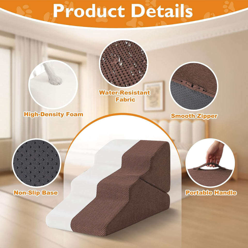 Ahpmeoa Dog Stairs for Small Dogs 16’’ H, 3-Step Dog Steps for Bed, Brown
