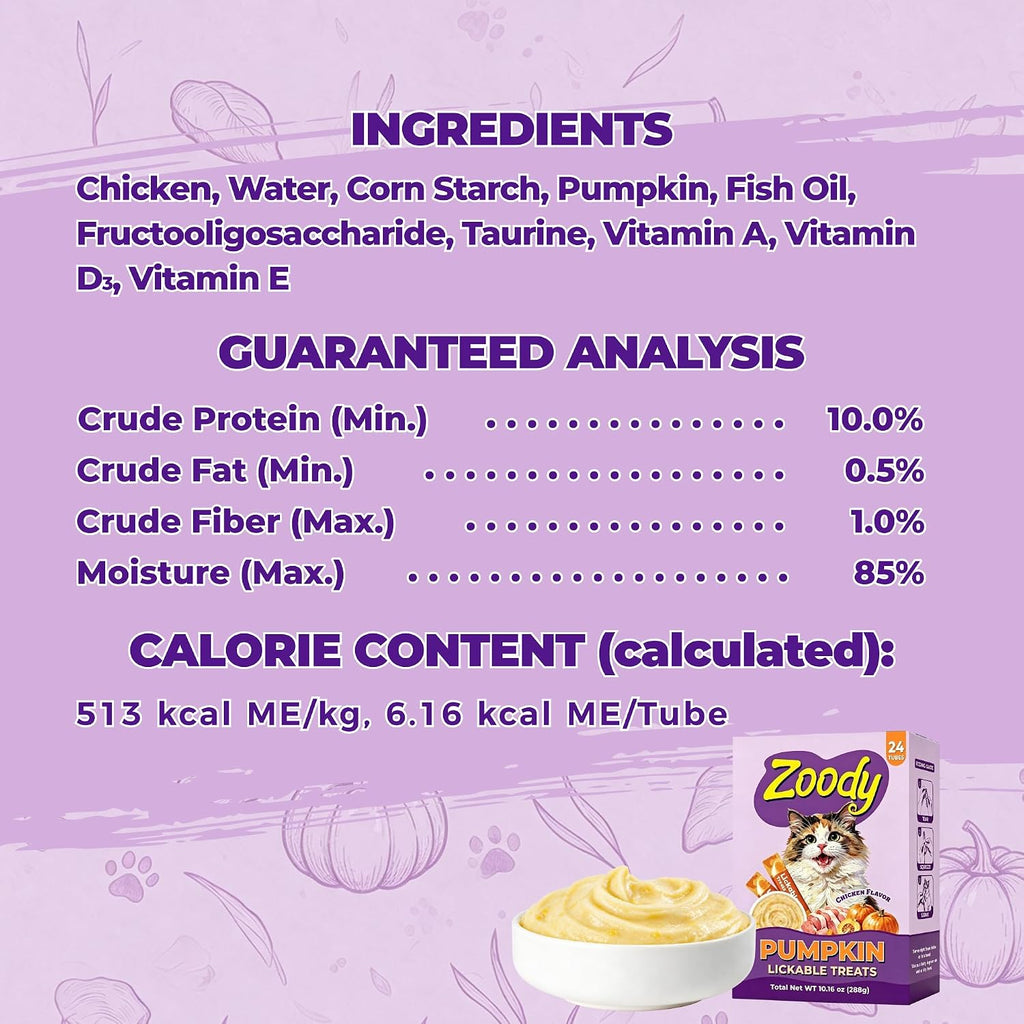 Zoody Pumpkin Lickable Cat Treats with Taurine, 24 Tubes, 0.4oz Each