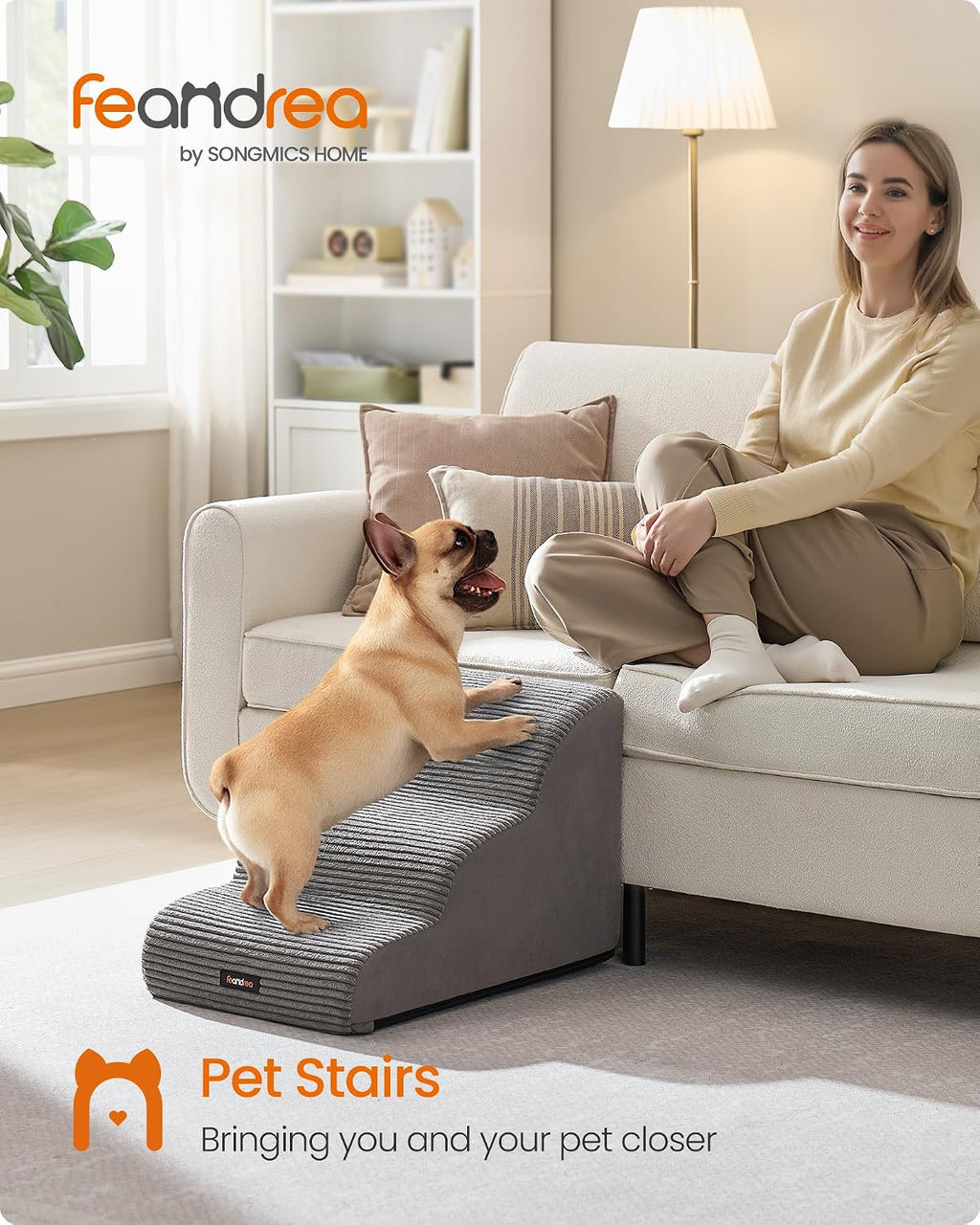 Feandrea 3-Step Dog Stairs, Waterproof, Anti-Slip, Gentle Slope